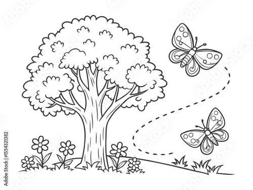 A big tree and a cute garden with flowers. A coloring page for kids that you can print. Black and white sketch of a summer landscape