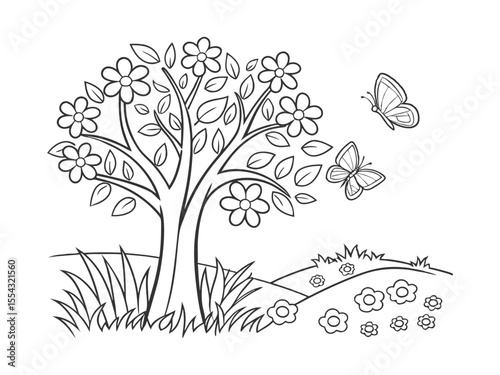 A big tree and a cute garden with flowers. A coloring page for kids that you can print. Black and white sketch of a summer landscape