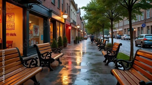 Serene rainy day on the city street featuring empty benches, a tranquil urban scene with glistening pavement