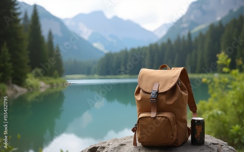 Lightweight brown backpack tourist cup can jar beautiful natural lake forest mountains hills background adventure summer hiking camping travelling trip tourism expedition healthy active leisure time