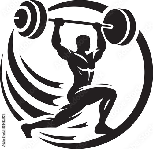 A bold silhouette of an athlete lifting a heavy barbell in a dynamic, powerful thrust