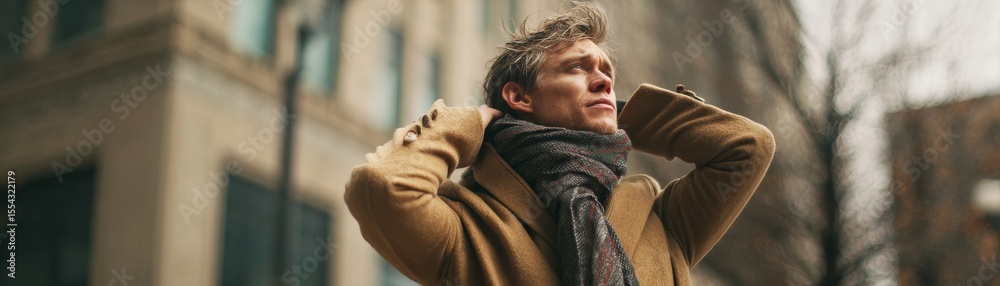 Fototapeta premium Young Man in Brown Coat Standing Outdoors in Urban Setting