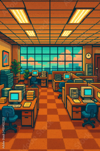 Pixel art office space featuring multiple workstations. The checkered floor and large windows suggest a retro aesthetic. #pixelart #office