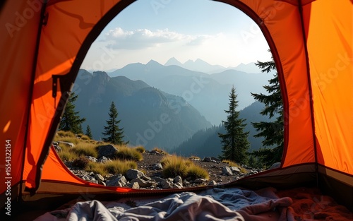 Amazing view from inside tent to mountain landscape. Camping during hike in mountains, outdoor activities. Created with Generative ai. High quality