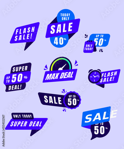 This vector consists of various promotion badges commonly used in e-commerce or marketing designs. It features flash sale labels, super deal tags, discount offers, and special promotion signs.