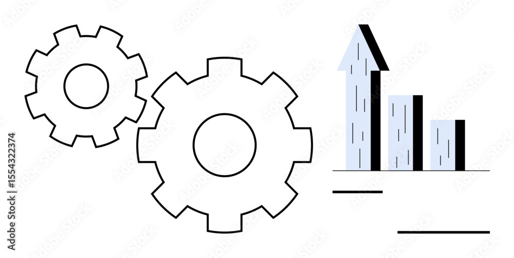 Gears beside a bar graph with an upward arrow symbolizing teamwork, efficiency, progress, success, strategy, innovation, and productivity. Ideal for business strategy, growth concepts simple landing Gears beside a bar graph with an upward arrow symbolizing teamwork, efficiency, progress, success, strategy, innovation, and productivity. Ideal for business strategy, growth concepts simple landing