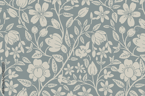 Elegant floral pattern with cream flowers on a dusty blue background