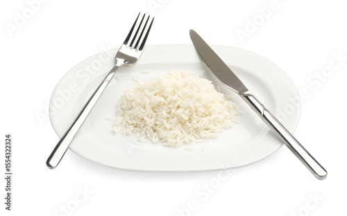 Plate with cooked rice and cutlery isolated on white