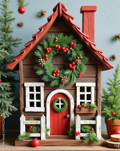 Festive Wooden House Model Decorated with Wreath and Red Berries for Christmas