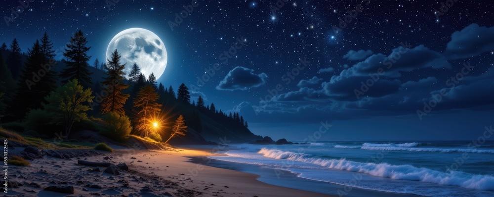 Naklejka premium a celestial forest meeting the sea under a double moon sky, starlight shimmering on treetops and tide dancing with light.