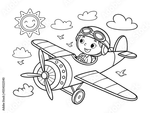 Airplane pilot boy easy coloring page for children. Easy coloring page featuring a boy pilot airplane