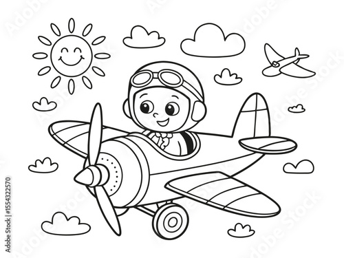 Airplane pilot boy easy coloring page for children. Easy coloring page featuring a boy pilot airplane