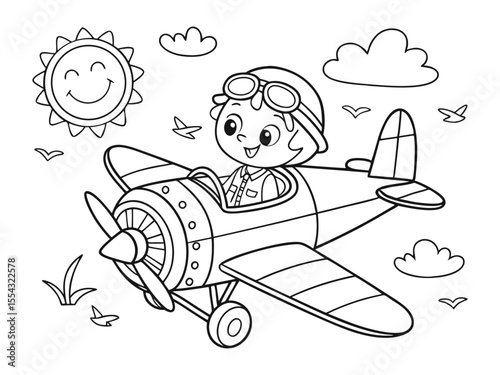 Airplane pilot boy easy coloring page for children. Easy coloring page featuring a boy pilot airplane