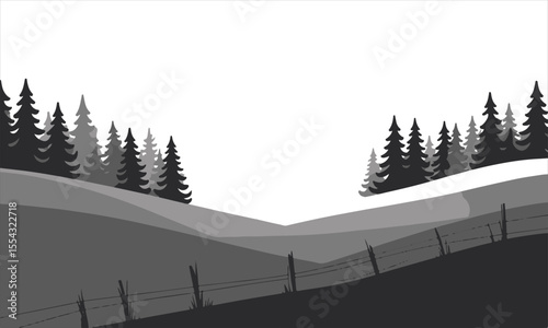 Minimalist winter landscape with pine trees and rustic fence in shades of gray