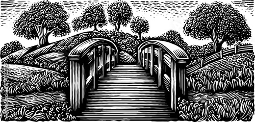 Airy woodcut of glass footbridge between terraces amid lush landscape
