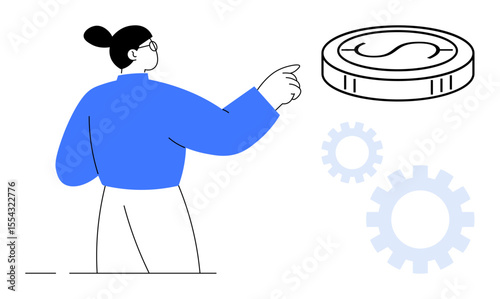 Woman pointing towards a coin with dollar sign above gears, symbolizing finance, economics, strategy, investment potential, decision-making, resource management, and success in a simple flat metaphor
