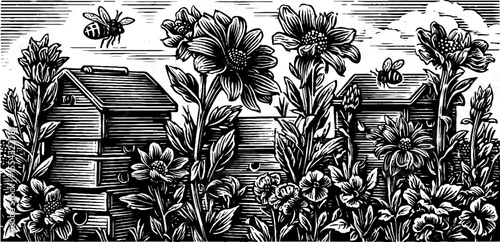 Vintage apiary boxes amidst wildflowers with bees in black and white design for nature lovers