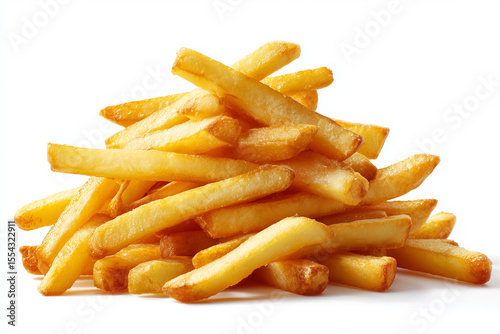 Realistic photograph of a towering stack of golden brown french fries, isolated on white background