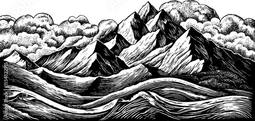 Aurora dancing over icy tundra in black and white landscape design