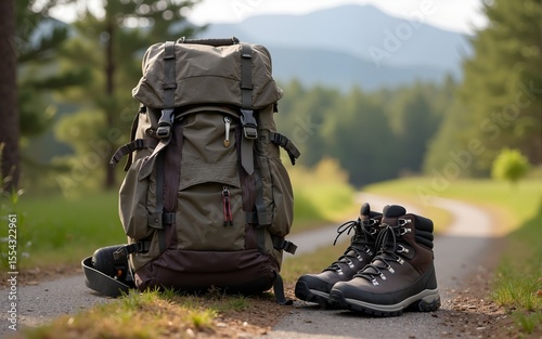 Big backpack and trekking boots. High quality