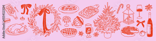 Hand-drawn holiday food and Christmas table decor in retro sketch style. Cozy elements for winter menu, festive recipe cards, greeting design. Illustration for xmas party projects, food packaging.
