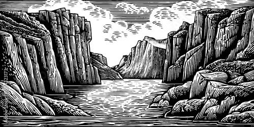 Serene fjord landscape with sheer cliffs in vintage style