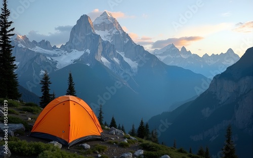 A breathtaking mountain camping scene with a tent in the foreground and towering peaks behind. High quality