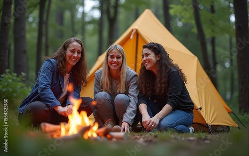 Laughing friends camping in the woods. High quality