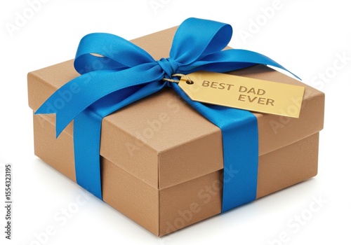 A gift box with a blue ribbon and a tag that says best dad ever on a white background in a studio shot