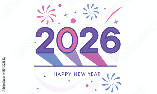 Happy new year 2026 with colorful fireworks and abstract shapes in a modern flat design style