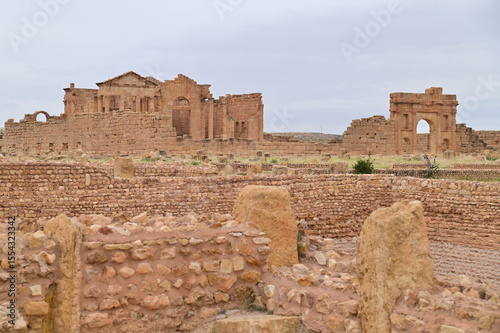 View of Archaeological Site of Sbeitla in Tunisia with Ancient Roman Temples and Columns