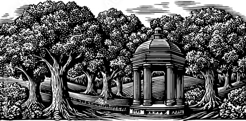 Serene gazebo in central park among majestic trees in black and white art