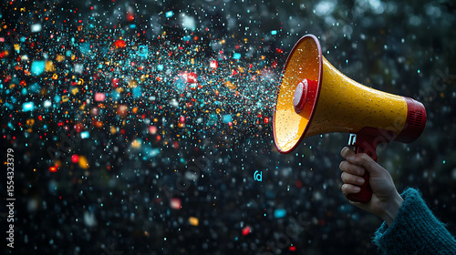 Colorful confetti bursts from a yellow megaphone held in a hand against a blurred background