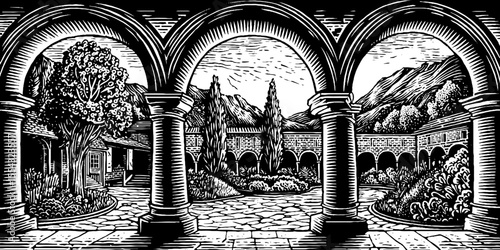 Black and white cobblestone courtyard with archways and mountains