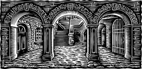 Vintage cobblestone courtyard framed by archways in black and white art for poster or card