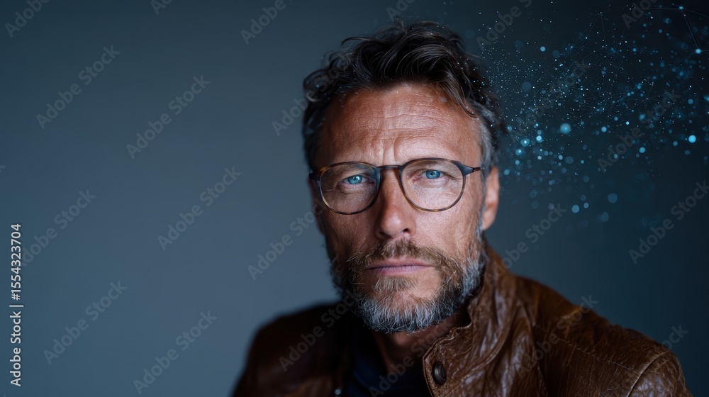 Fototapeta premium A portrait of a distinguished man with an introspective expression, donned in a stylish brown leather jacket, glasses, and a rugged beard, conveying wisdom and contemporary charisma.