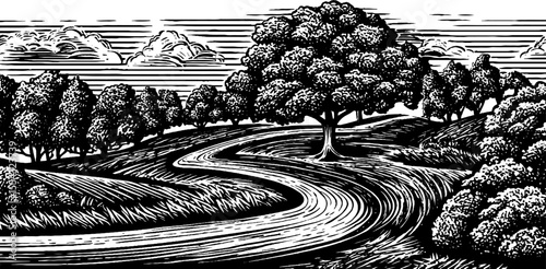 Winding cycle lane through parkland scenery in black and white hand drawn style