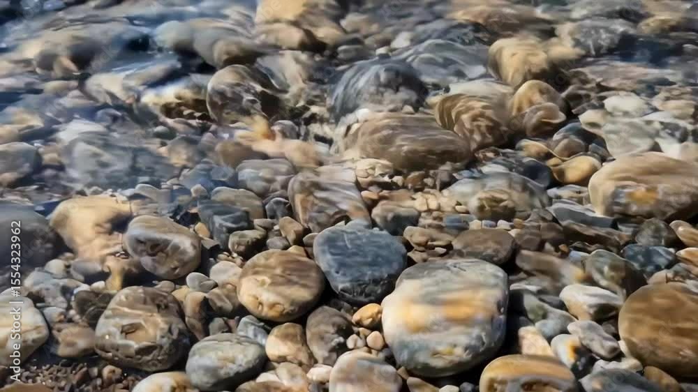 Underwater view of smooth pebbles and stones resting on the riverbed, sunlight filtering through the water creating a serene atmosphere, ideal for nature-themed projects Underwater view of smooth pebbles and stones resting on the riverbed, sunlight filtering through the water creating a serene atmosphere, ideal for nature-themed projects