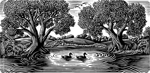 Serene duck pond with willow trees in black and white woodcut art for nature design