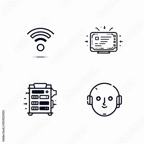 Modern Technology Icons Set Wireless Network Server AI Headset Futuristic Design