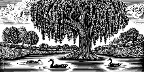 Tranquil duck pond with majestic willow tree in black and white