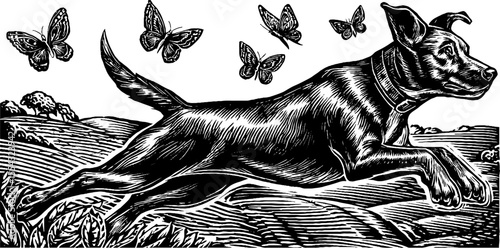 Vintage farm scene with dog chasing butterflies in black and white
