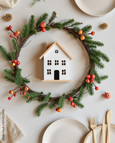 Cozy Home Decor with Wooden House and Elegant Wreath for Holiday Season Display