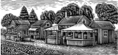 Vintage farmers market stalls under canopy in black and white sketch