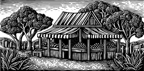 Rustic farmers market stalls under canopy surrounded by trees