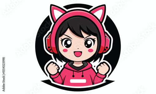 Cute anime girl with cat ears and headphones celebrating victory with clenched fists perfect for gaming logos and esports branding