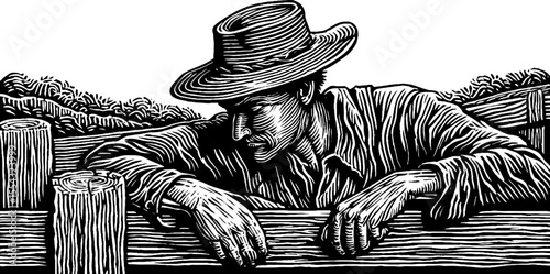 Farmhand fixing wooden gate in rural setting, black and white artwork