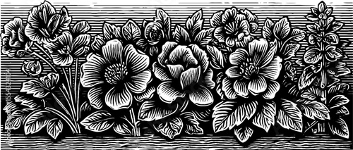 Vintage floral engraving of flower bed borders along gravel walkway for retro design