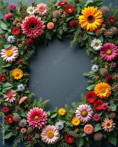 Vibrant Floral Wreath with Colorful Blooms and Green Leaves on a Dark Background