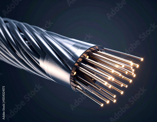 Fiber Optic Cable: Illuminated fibers of a high-tech fiber optic cable shine brightly, symbolizing modern communication and technological advancement.